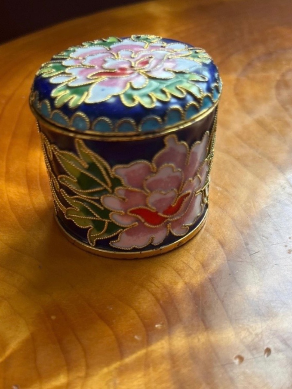 VTG Chinese Cloisonné Enamel Stamp Box & Trinket Holder Pink Peony Blue